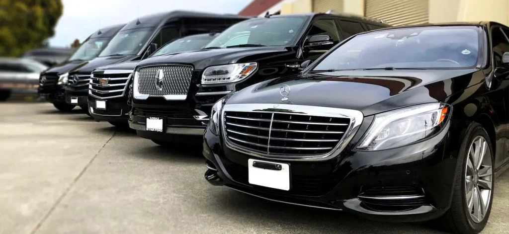 A fleet of black cars and limo vans.