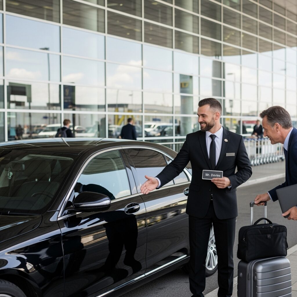 A smiling chauffeur greeting his happy customer at the airport.