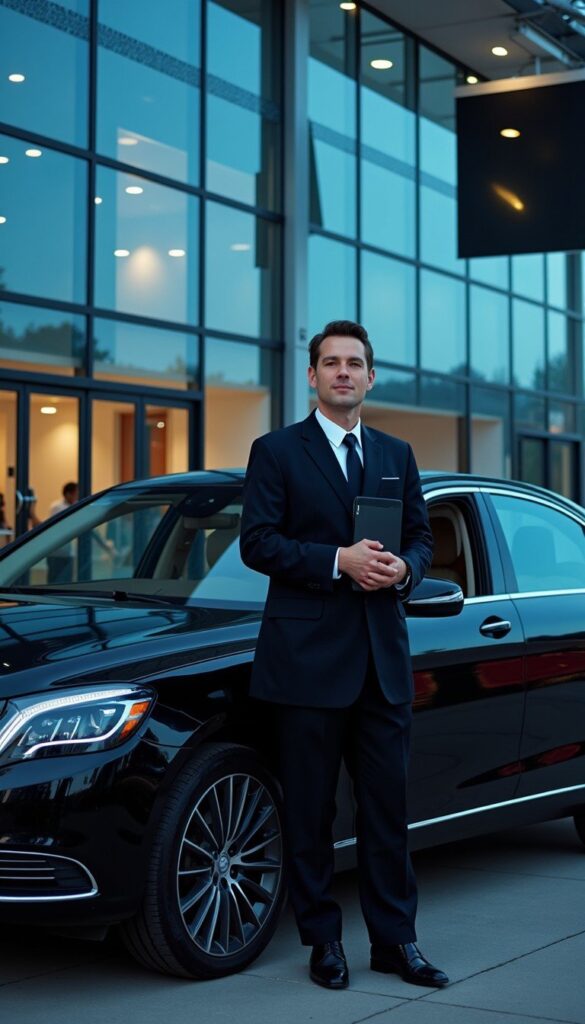A professional chauffeur standing by a limo sedan.